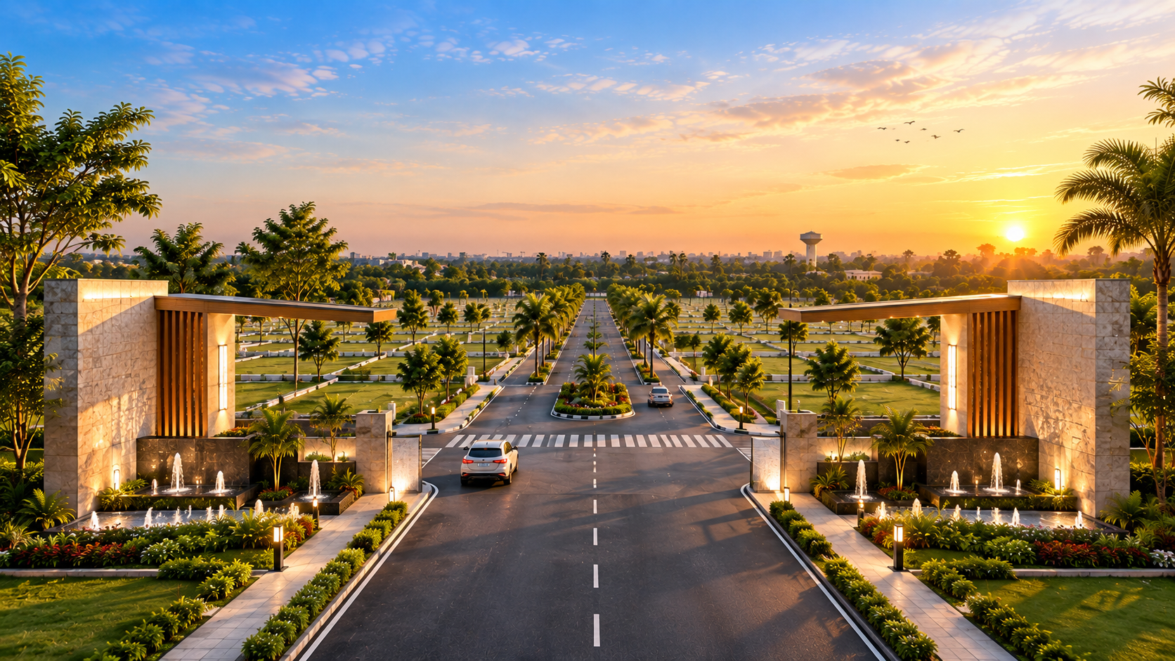 Grand entrance and landscaped avenue at Laxmi City
