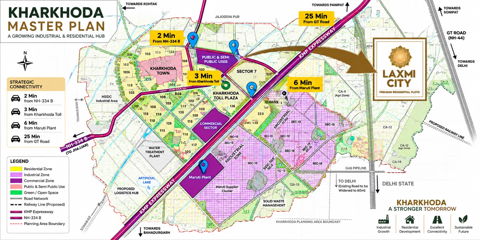 Kharkhoda Master Plan showing Laxmi City and strategic connectivity